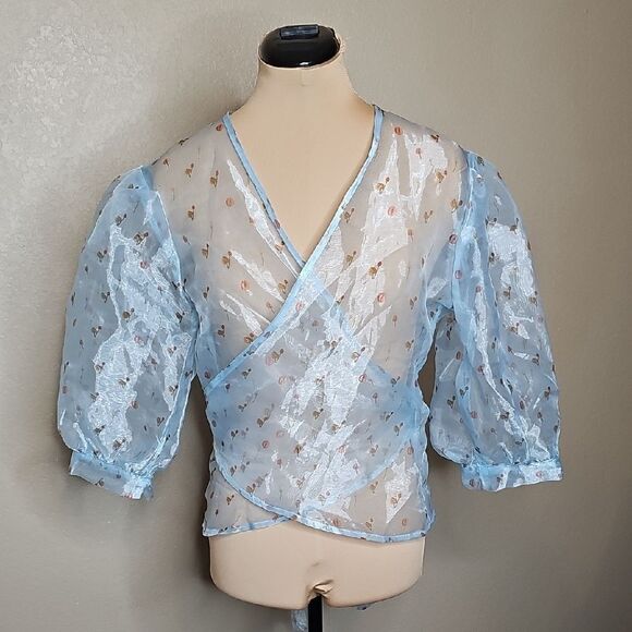 Aeryne Agathe Top Large Feuille Blue Sheer Organza Puff Sleeve Wrap Top - Picture 4 of 12